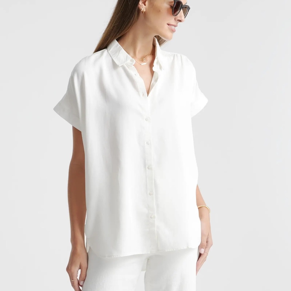 Quince Tencel Camp Shirt White Short Sleeve Blouse Small
